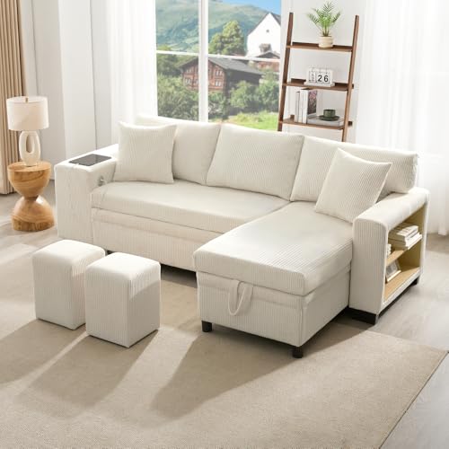 Schlafsofa, 3-Sitzer in L mit USB und 2 Sitzen, Ecksofa ausklappbar, mit Stauraum und seitlichen Regalen, 3-Sitzer-Sofa mit Kissen, geeignet für Wohnzimmer Appt, Beige von Zubaliya