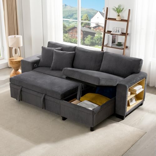 Zubaliya Schlafsofa, 3-Sitzer in L mit USB und 2 Sitzen, Ecksofa ausziehbar mit Stauraum und seitlichen Regalen, 3-Sitzer Bett mit Kissen, geeignet für Wohnzimmer Apt (Grau) von Zubaliya