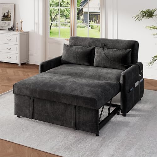 Zubaliya Sofa mit Schlaffunktion, Sofa 2 Sitzer Modernes Doppel Klappbares Schlafsofa, Multifunktionssofa mit Verstellbare Rückenlehne und Handyhalter und USB Ladeanschluss, Grau von Zubaliya