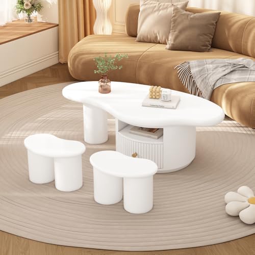 Zubaliya Unregelmäßiger Couchtisch in Wolkenform mit 2 Hockern, 110cm Länge, 60cm Breite, 37.5cm Höhe, MDF mit 2 Schubladen und Filzunterlagen von Zubaliya