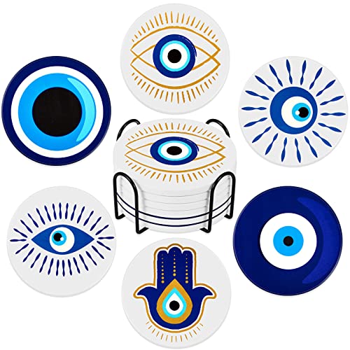 Zubebe Set mit 6 Keramik-Untersetzern mit Untersetzer-Halter, böser Blick, blaue Untersetzer für Getränke, runde saugfähige Tassenmatte mit Korkbasis für Zuhause, Küchenzubehör, 10.2 cm Zubebe Set mit 6 Keramik-Untersetzern mit Untersetzer-Halter, böser Blick, blaue Untersetzer für Getränke, runde saugfähige Tassenmatte mit Korkbasis für Zuhause, Küchenzubehör, 10.2 cm von Zubebe