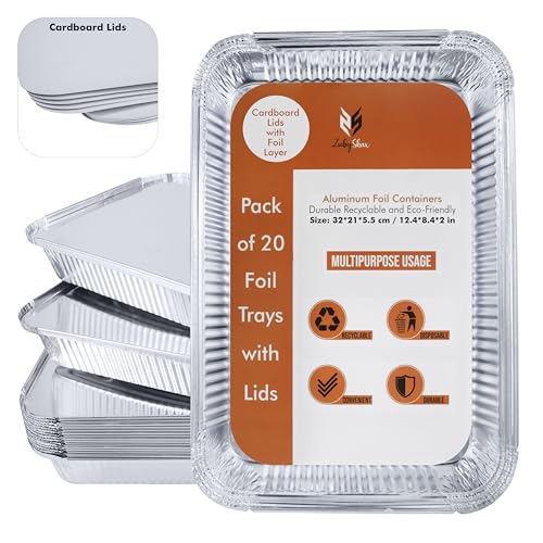 ZubyShax 20 Stück große Einweg-Aluminiumfolien-Tabletts – 32 x 26 x 7 cm/230 ml Blechfolienbehälter mit Deckel, ideal für Ofen, Lebensmittelaufbewahrung, Grillen, Braten und Backen von ZubyShax