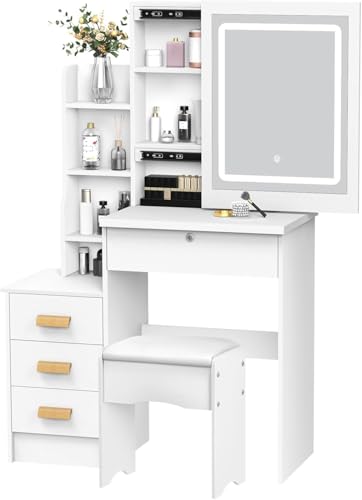 Kleiner Schminktisch mit Schiebespiegel und Beleuchtung, Schminktisch mit 3 farbigen Lichtern, Schubladen, Schminkhocker, offenen/versteckten Regalen, weißer schminktisch für Mädchenzimmer (White) von Zucebos