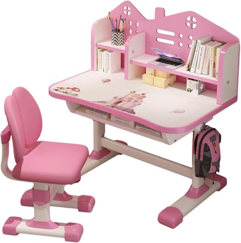 Zucebos Kids Study Desk and Chair Set, Adjustable Height Student Workstation with Storage Drawer, Ergonomic Children School Table for Better Posture, Cartoon Style for Boys and Girls (Pink) von Zucebos