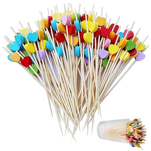 100 Stück Cocktail Picks Holz Zahnstocher, Cocktail Sticks in Verschiedenen Farben, gut für Bar, Fasching Party Und Geburtstag Party Obstspieß Cocktail Deko (Herzform) von Zulbceo