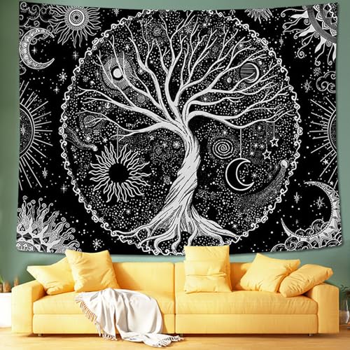 Zulbceo Tapisserie Wandbehang, Schwarz und Weiß Baum des Lebens Wandteppiche Mondphasen Tapestry für Wohnzimmer Tagesdecke Zimmer Schlafzimmer(L/150x200cm) von Zulbceo
