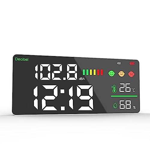 4-in-1-Dezibelmesser, Schallpegelmesser mit 11 Zoll Großem LED-Display, an der Wand Montierter Lärmmesser, Feuchtigkeits-Temperaturmesser, Uhr, DB-Meter, 30‑130 DB Messbereich von Zunate