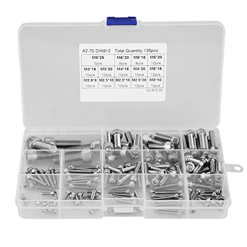 Inbusschrauben Set, Hex Socket Head Cap Screws 135 stücke M2.5 M3 M4 M5 M6 M8 304 Edelstahl Innensechskant Schrauben Set, 14 verschiedene Größen,mit Box von Zunate