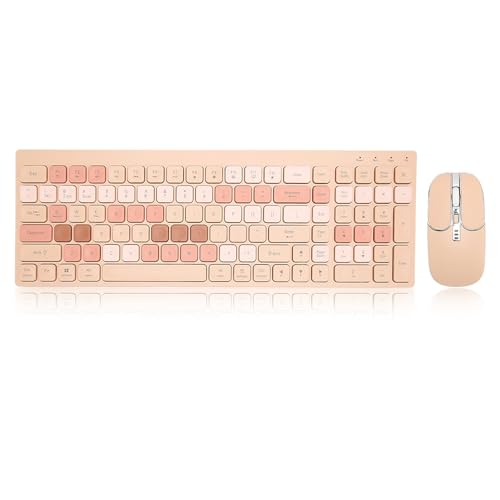 Zunate Kabellose Tastatur- und Maus-Kombination, 2,4 G Wireless und Bluetooth, Ergonomisches Kabelloses Tastatur-Set, Wassertropfen-Tastenkappen, Typ-C-Ladetastatur und Maus für Win, (Milchteefarbe) von Zunate