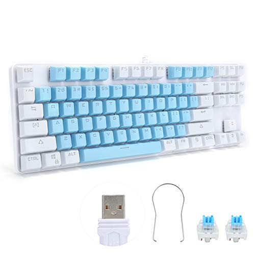 Zunate Mechanische Tastatur, 87 Tasten Computer Gaming Tastatur mit gemischter Hintergrundbeleuchtung, USB Tastatur für Desktop Computer/Laptop/Büro, Plug and Play(Blau Weiss) von Zunate