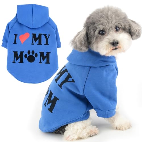 Zunea Hunde Kapuzenpullis Mantel für Kleine Hunde Katzen Wintermantel mit Geschirr Loch I Love My Mom Bedrucktes Sweatshirt Weiche Welpenpullover Hundejacken Mäntel Chihuahua Kleidung Dunkelblau M von Zunea