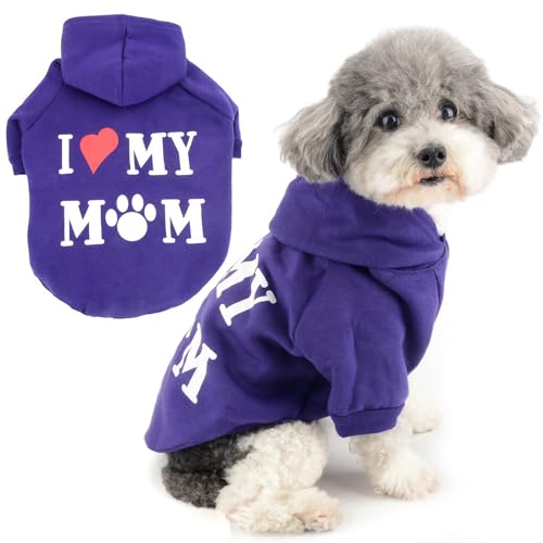 Zunea Hunde Kapuzenpullis Mantel für Kleine Hunde und Katzen Wintermantel mit Geschirr Loch I Love My Mom Bedrucktes Sweatshirt Weiche Welpenpullover Hundejacken Mäntel Chihuahua Kleidung Lila L von Zunea