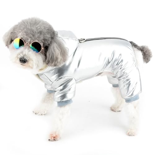 Zunea Wasserdichter Hunde Schneeanzug für Kleine Hunde Fleece Hundejacke Wintermäntel mit Beinen D-Ring Reflektierender Kapuzenpullover Welpenkleidung Kaltes Wetter Haustier Bekleidung Silber M von Zunea