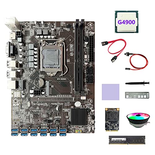 Zunedhys B250C 12USB ETH Miner Motherboard+G4900 CPU+128G SSD+DDR4 8GB RAM+Fan+SATA Cable+Switch Cable+Thermal Grease+Baffle von Zunedhys