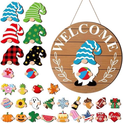 Zunetsutock Austauschbares Willkommensschild Für Haustür Gartenzwerg,Austauschbare Holzdekoration | Wanddekoration Mit Magnetischen Elementen Und Abnehmbaren Hüten,Für Weihnachten Halloween Saisonale von Zunetsutock