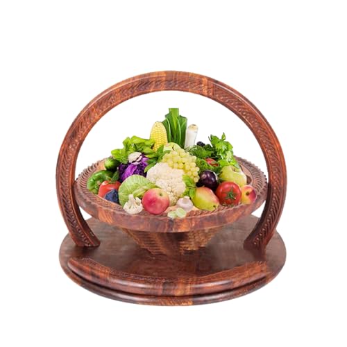 Zunetsutock Obstkorb aus Holz mit Griff, handgefertigter geschnitzter Obstteller aus Holz | Faltkorb aus 4 runden Trennwänden | Obstschale für von Zunetsutock