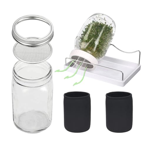 Sprossen-Anzuchtgläser, 950-ml-Glas-Set, 2 x Samensprouter für den Innenbereich, 2 x Verdunkelungshülse, Abtropfschale, atmungsaktive Netz-Siebe, einfach anzubringende Glasabdeckungen von Zunishaone