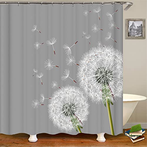 Duschvorhang 100x200cm Anti-Schimmel Wasserdicht Duschvorhänge Waschbar Polyestergewebe Bad Vorhang mit 12 Duschvorhangringen und Gewichteter Saum, für Badezimmer und Baddekoration, Grauer Löwenzahn von Zuoyun