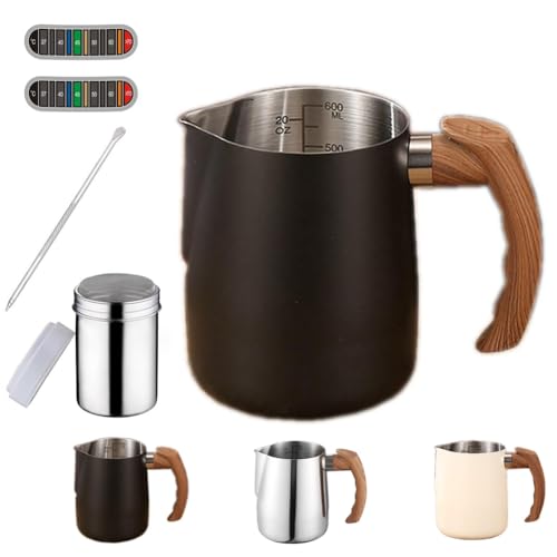 Zuquik 600ml Milchkännchen Edelstahl,Milchkanne Barista mit Messung Mark 20oz,Milchschaumkännchen mit Kakaostreuer,Milchaufschäumer Kanne für Cappuccino,Espresso,Latte Art,Kaffeeliebhabe,Schwarz von Zuquik