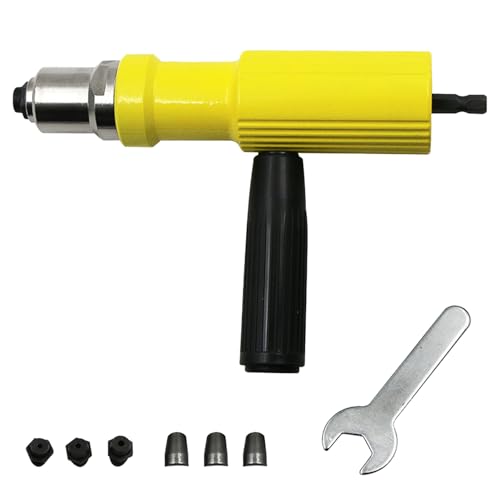 Nietpistole Adapter, Hartmetall, mit Abnehmbarem Griff und Schraubenschlüssel, Nietgerät für Akkuschrauber und Bohrmaschinen mit 2.2 mm, 2.5 mm, 3.2 mm Nasenstücke (Gelb) von Zurcrelzaw