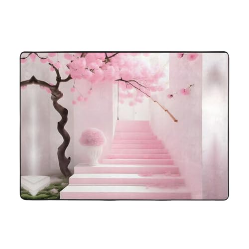 Rosa Kirschblüten-Treppenteppich, 203 x 147 cm, bequem, weich, verschleißfest, rutschfest, geeignet für Schlafzimmer, Wohnzimmer und andere Szenen. von Zuroj