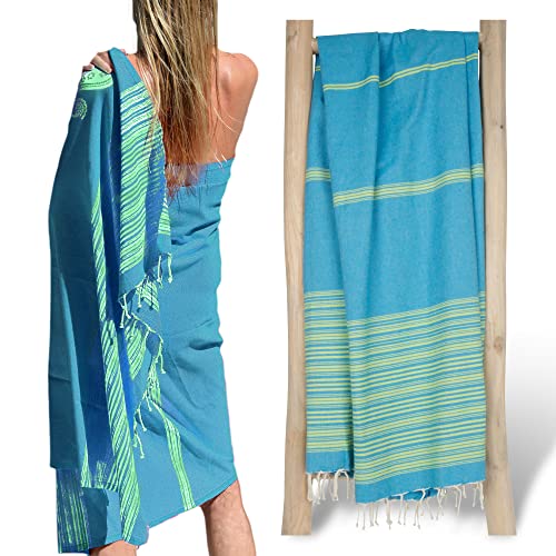 ZusenZomer Fouta Hammam Badetuch XXL, Handgewebt Tunesisch Strandtuch für Frauen, Männer, saugfähig, leicht übergroßes Saunatuch 100% Baumwolle Hammamtuch (Türkis Lime) von ZusenZomer