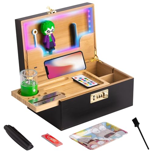 Zusor Großes Bambus-Box-Tabletttt, Set mit Zahlenschloss, dekorative Box, dekorative Box mit abnehmbarem Rolltablett, kommt mit Zubehör, bunte Lichtleiste, tolles Geschenk für Männer (schwarz) von Zusor