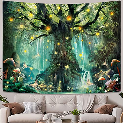 Zussun Fantasy Wald Tapisserie Grün Fee Baum des Lebens Wandteppiche für Schlafzimmer Ästhetische Natur Tapastry Wandbehang Pilz Schmetterling Elfen Wandteppich für Wohnzimmer Wohnheim (Grün, 228,6 x von Zussun