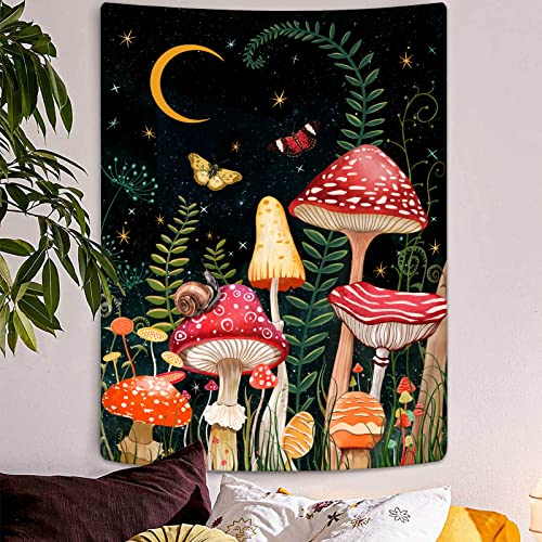 Zussun Vertikaler roter Pilz-Wandteppich, Mond-Stern, Wandteppiche für Schlafzimmer, ästhetischer Sternennacht, grüne Pflanze, Wandbehang, Schmetterlings-Schnecke, Wandteppich für Wohnzimmer, Wohnheim von Zussun