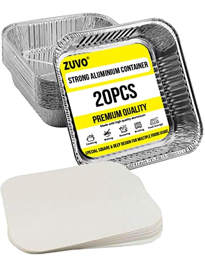 Zuvo Große Einwegschalen aus Aluminiumfolie mit Papierdeckel, 25 x 25 x 4 cm, zum Mitnehmen, gut zum Backen, Braten, Kochen, Aufbewahrung von Lebensmitteln (20 Tabletts und Deckel) von Zuvo