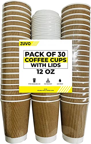 Zuvo Ripple Takeaway Papier-Kaffeetassen mit Deckel, 30 Tassen – 340 ml, ideal für heiße Getränke von Zuvo