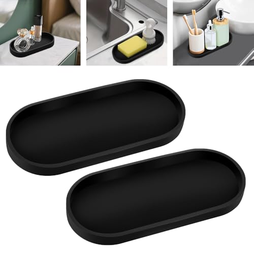 Zuxbolf 2 Stück Badezimmer Tablett Schwarz Dekotablett Silikon Ablageschale Oval Badezimmertablett Schminktablett Aekoschale Kosmetiktablett Kerzentablett für Waschbecken Badewanne (24.8 * 11 * 2cm) von Zuxbolf