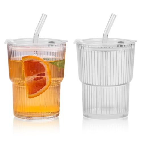 Zuxbolf 2 Stück Glasbecher mit Deckel & Strohhalm 400ml Geriffelte Matcha Gläser Eiskaffee Trinkbecher Kaffeegläser Luftdicht Smoothie Becher Kaffeebecher Trinkglas Teetassen für Cappuccino Latte von Zuxbolf