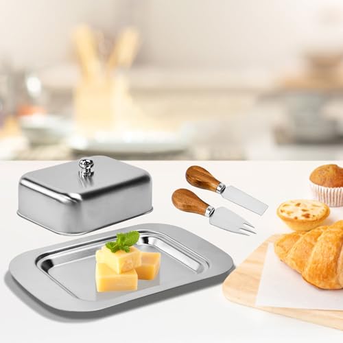 Zuxbolf Butterdose Edelstahl mit Deckel und Griff Butterglocke Butterschale mit Messer Gabel Buttergefäß Butterplatte Spülmaschinenfest Käsebrotbox Butter Dish für Butter Käse Kuchen (18,5x12,2x6,7cm) von Zuxbolf