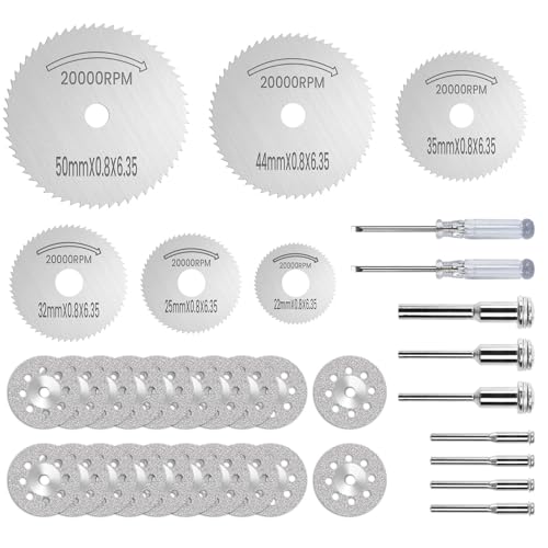 Zuxbolf 20 Stück Diamant Trennscheiben 23mm Diamantscheibe Kompatibel mit Dremel Rotationswerkzeug aus HSS Stahl Schleifscheiben mit 7 Dorn & 2 Schraubendreher für Stein Glas von Zuxbolf
