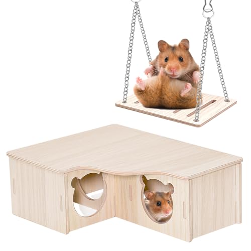 Zuxbolf Hamsterhaus aus Holz 22.5x18x7.8cm Meerschweinchenhaus Kaninchenhaus Hamster Haus Nagelfrei Meerschweinchen Versteck mit Schaukel Hamster Zubehör für Zwerghamster, Rennmäuse, Degus, Kleintiere von Zuxbolf