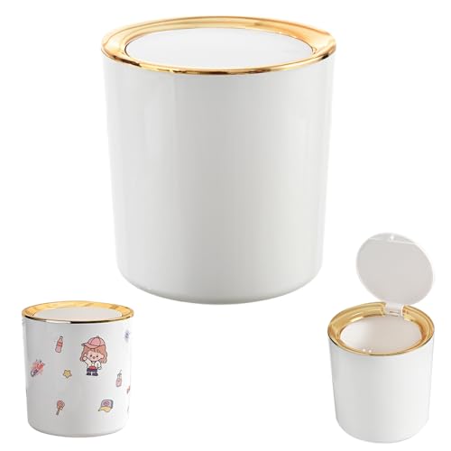 Zuxbolf Tischmülleimer mit Deckel Tischabfalleimer Mini Mülleimer Kunststoff Mülltonne Klein Papierkorb Weiß Kosmetikeimer Rund Tischabfallbehälter mit Aufklebern für Schreibtisch Bad (15 * 14.5cm) von Zuxbolf