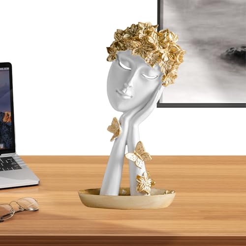 Gesichtsstatue, Denkerstatue, Harz, Denker, Frau, abstrakte Skulptur, Gesicht, Statue, blondes Haar | Tischornamente, Sammlerfigur für Weinkellerregaltheke von Zvn Zojne