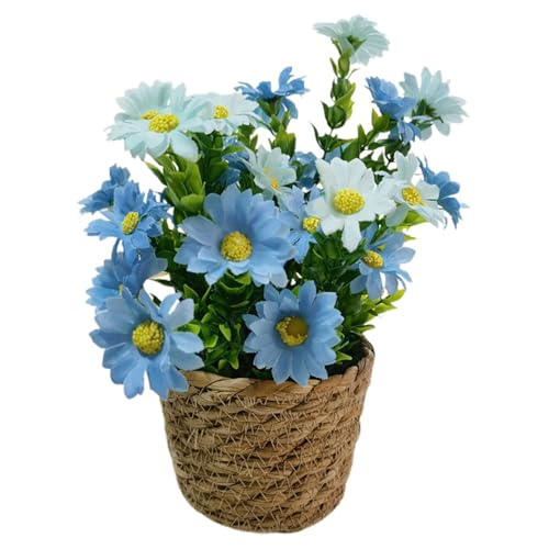 Künstliche Blumen im Topf, künstliche Blumen im Topf – Topf aus Rattan und seidigem künstlichem Gänseblümchen, Blumentopf aus Rattan, seidig, für die Tischdekoration von Zvn Zojne
