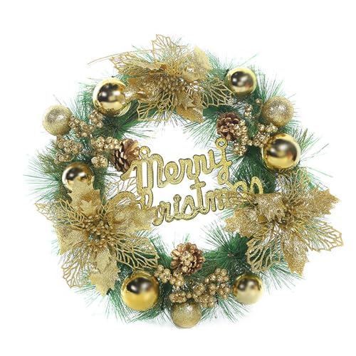 Weihnachts-Türkranz, Weihnachtskranzdekorationen mit LED-Lichtern | Beleuchteter Weihnachtskranz mit Tannenzapfen, goldenen Kugeln, Weihnachtsgirlande mit warmen Lichtern, Weihnachtskugeln, Pom von Zvn Zojne