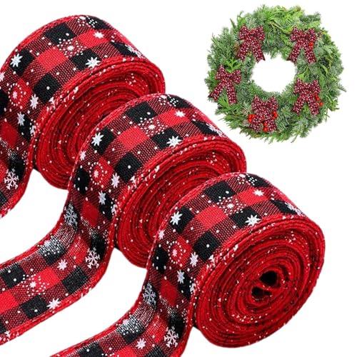 Weihnachtskabelband – Buffalo Kariertes Band 19,6 Fuß | 3 Rollen kabelgebundenes Weihnachtsband | Rot und Schwarz kariertes Band für Weihnachtsbaum | Büffelkariertes Weihnachtsband für Kunst von Zvn Zojne