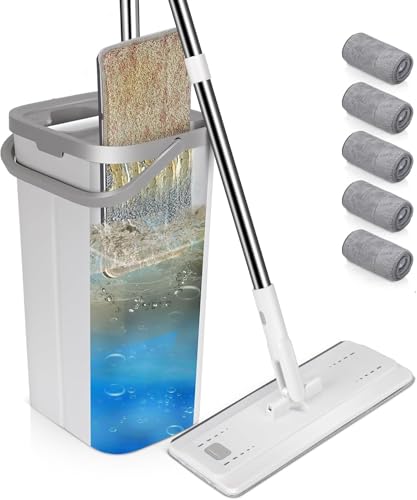 ZNM Wischmopp und Eimer mit Auswringer, flacher Mikrofasermopp mit 5 Wischmopps, wiederverwendbar & waschbar, 140 cm, verstellbarer Griff für Bodenreinigung von Zvonema