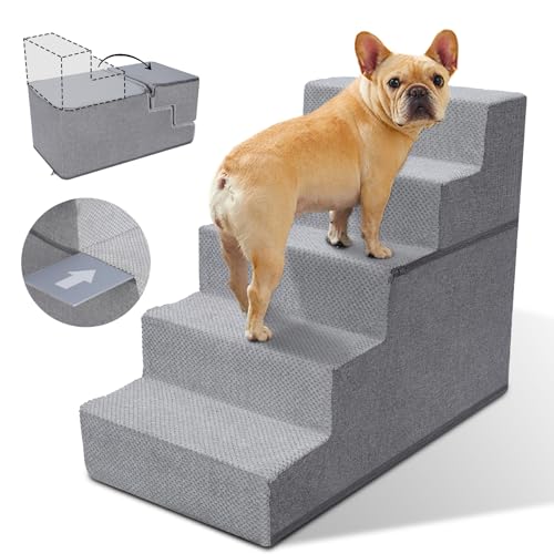 Zvonema Hundetreppe, Hundetreppe für Bett 60cm Hoch, Hundetreppe für Kleine Hunde 5 Stufen, Haustiertreppe waschbar, Hundetreppe, hochdichter Schaumstoff, für verletzte Hunde, ältere Hunde, Katzen von Zvonema