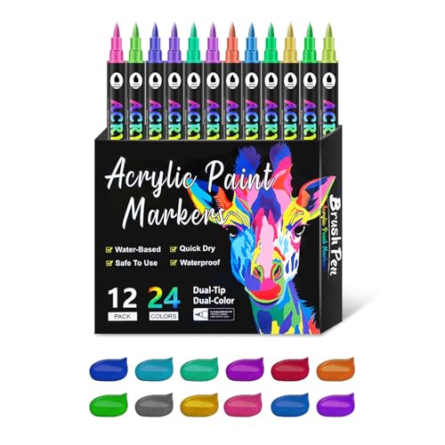 ZwaitL Acrylmalstifte mit Pinselspitze, doppelseitiger Acrylmarker zum Malen auf Papier, Holz, Glas, Keramik, Leinwand, doppelseitiger Stift, 12 Stück von ZwaitL