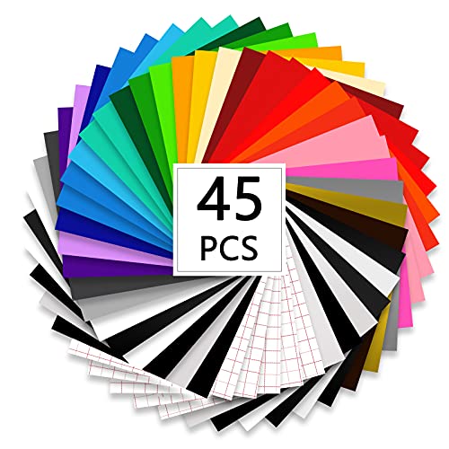 Zwanzer Selbstklebend Vinylfolie Plotter - 45 Stück 30.5 x 30.5cm, 40 Stück Plotterfolie Textil + 5 Transferfolie Plotter, 28 Farbe Selbstklebende Vinylfolien für Basteln und Kreativen Arbeiten von Zwanzer