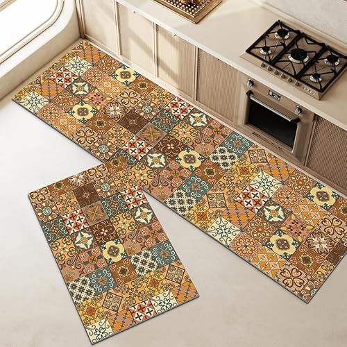 Zweig Küchenteppich Retro Orange Blume Küchenläufer,Waschbar rutschfest,Gummirücken Küchenmatte Für Esszimmer,Läufer Flur Saugfähige Bodenmatte,Mit Ölfest Und Wasserdicht von Zweig