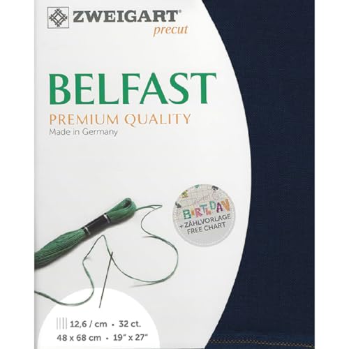 Zweigart Zählstoff BELFAST Precut 32 ct. 3609 Farbe 589 dunkelblau, Handarbeitsstoff aus 100% Leinen für Stickerei 48x68 cm von Zweigart