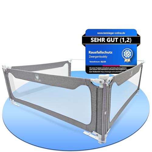 Zwergenbuddy® NEU Rausfallschutz Boxspringbett (200x200cm) [8-teiliges Bettschutzgitter Set] Stabilitätsstange & Zwischenraumschutz – Bettgitter ist Laborgeprüft & Schadstofffrei von Zwergenbuddy