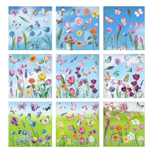 9 Blatt Fensterbilder Selbstklebend Fenster Aufkleber Deko Wiederverwendbar， Blumen Tulpen SchmetterlingBlatt Fensterbilder， fürFrühling Sommr Glas Kinderzimmer Badezimmer。 von Zwhhmf