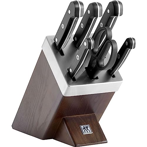 ZWILLING Gourmet Selbstschärfender Messerblock, 7-teilig, Messer und Schere aus rostfreiem Spezialstahl/Kunststoff-Griff, Holzblock Esche, Braun [Made in Germany] von Zwilling